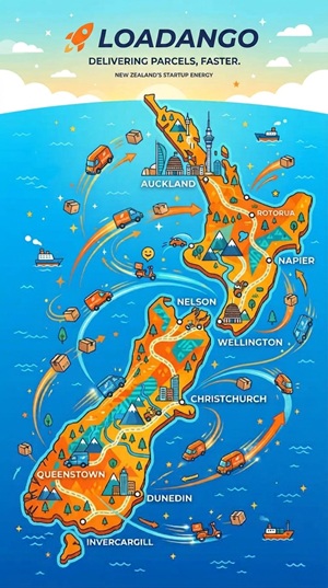 Stylized New Zealand map with cars and parcels moving across the country